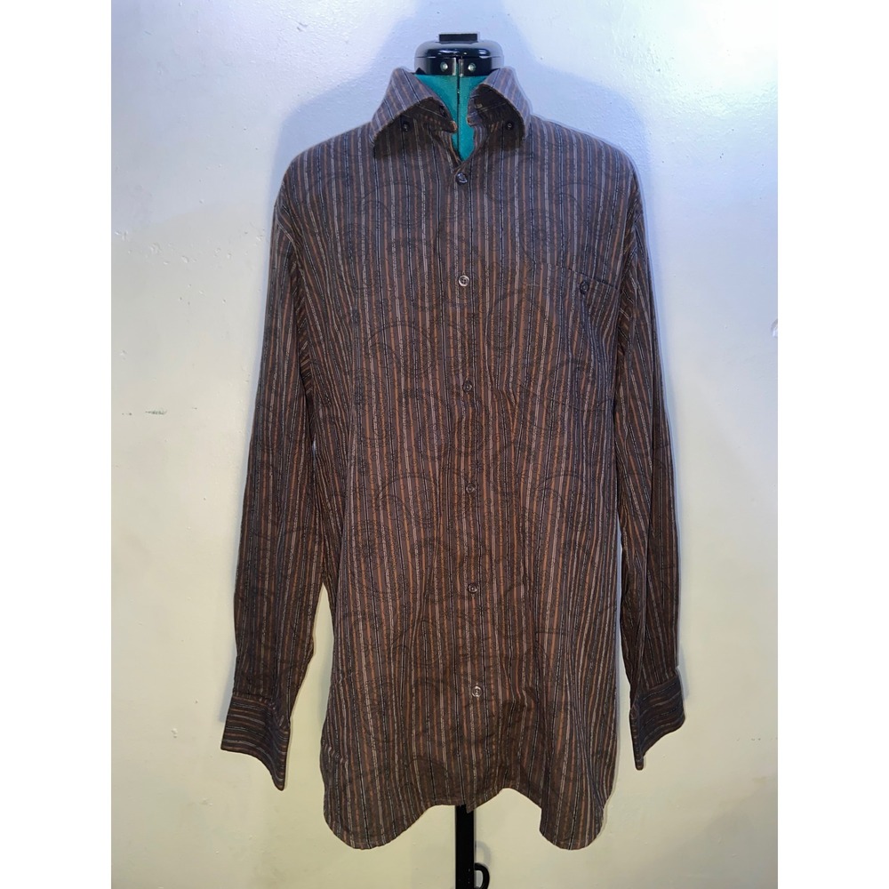 Cotton Reel Vintage Y2K Mens Brown Striped Paisley Button Down Club Kid Shirt -L